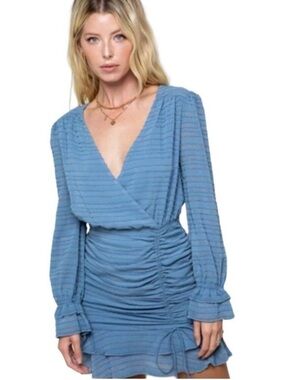 STYLE RACK Summer Sky Dusty Blue V-Neck Ruched Long-Sleeve Mini Dress